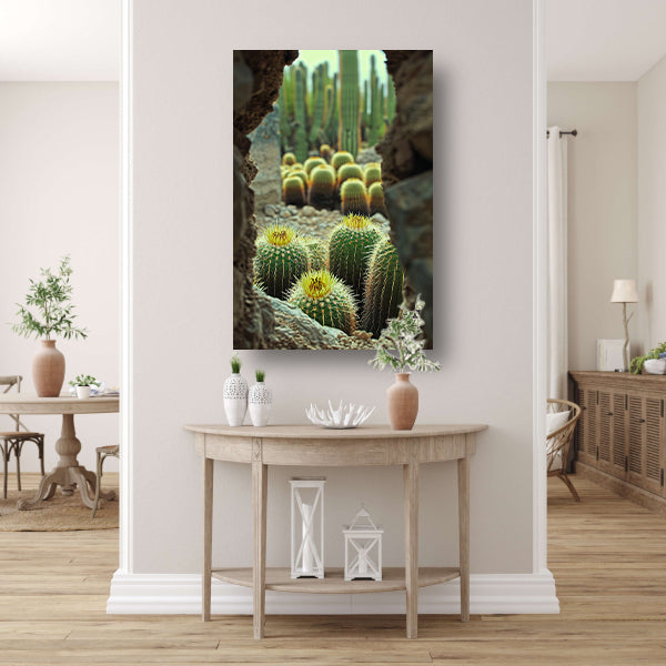 Cactussen in bloei achter rotsformatie poster