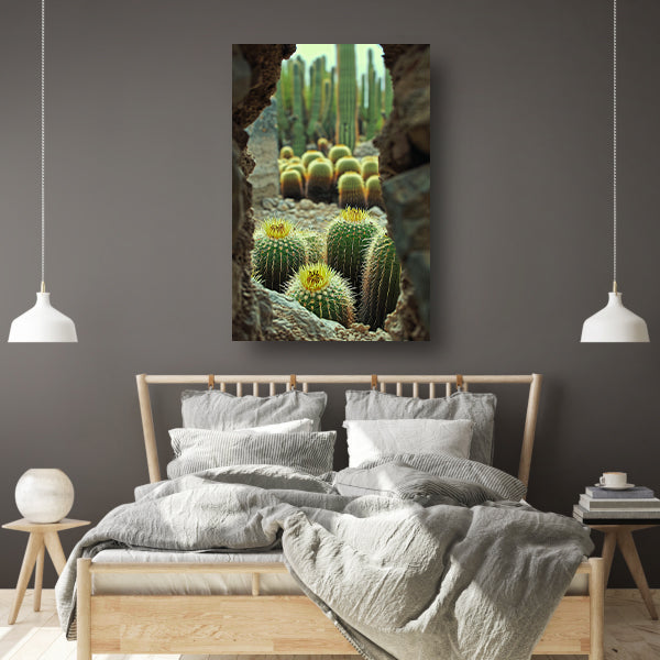 Cactussen in bloei achter rotsformatie poster