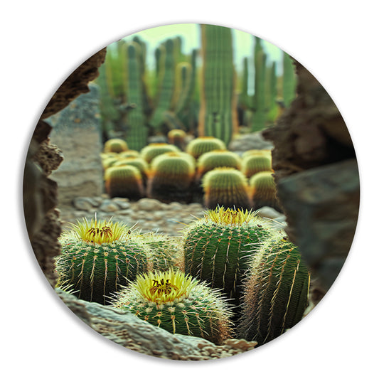Cactussen in bloei achter rotsformatie aluminium muurcirkel
