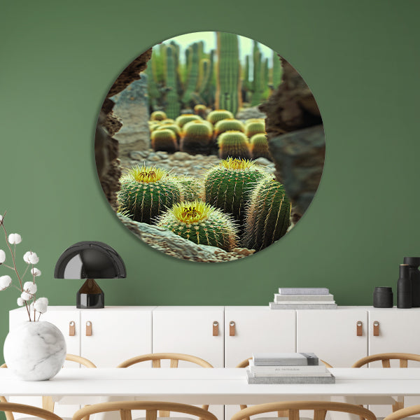 Cactussen in bloei achter rotsformatie aluminium muurcirkel