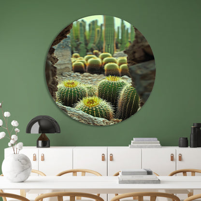 Cactussen in bloei achter rotsformatie aluminium muurcirkel