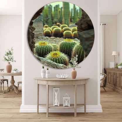 Cactussen in bloei achter rotsformatie aluminium muurcirkel