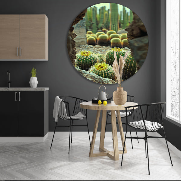 Cactussen in bloei achter rotsformatie aluminium muurcirkel