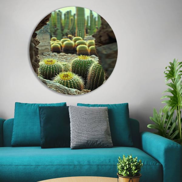 Cactussen in bloei achter rotsformatie aluminium muurcirkel