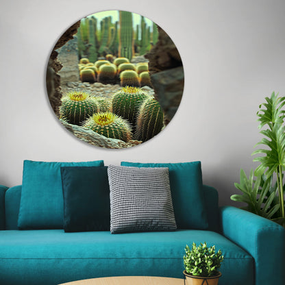 Cactussen in bloei achter rotsformatie aluminium muurcirkel