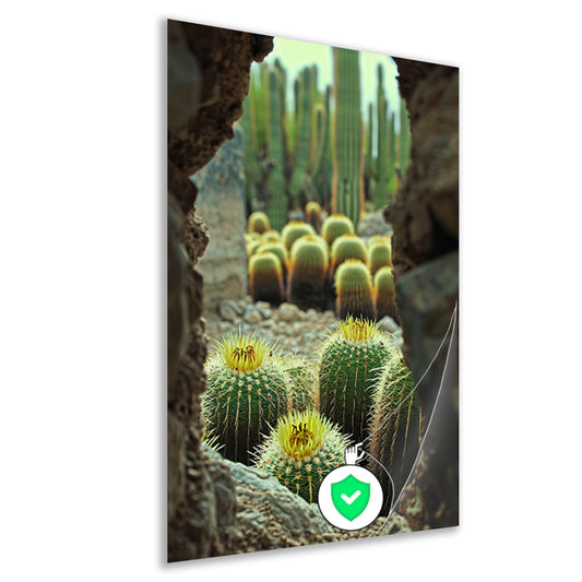 Cactussen in bloei achter rotsformatie poster