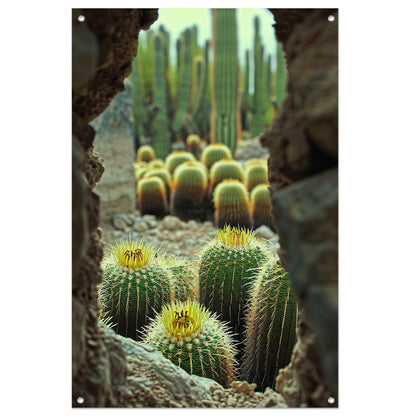 Cactussen in bloei achter rotsformatie tuinposter
