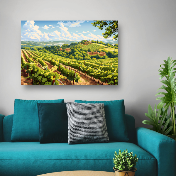 Zonlicht dansend over groene wijngaarden canvas met baklijst