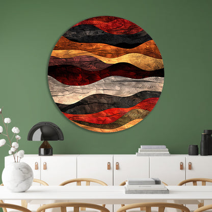 Dynamisch abstract kunstwerk met warme kleuren aluminium muurcirkel