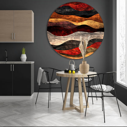 Dynamisch abstract kunstwerk met warme kleuren aluminium muurcirkel