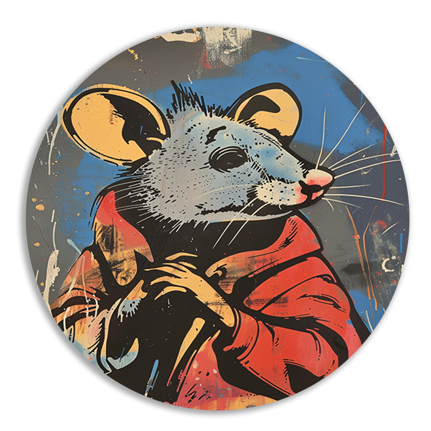Muis met Rode Jas in Street Art Stijl aluminium muurcirkel