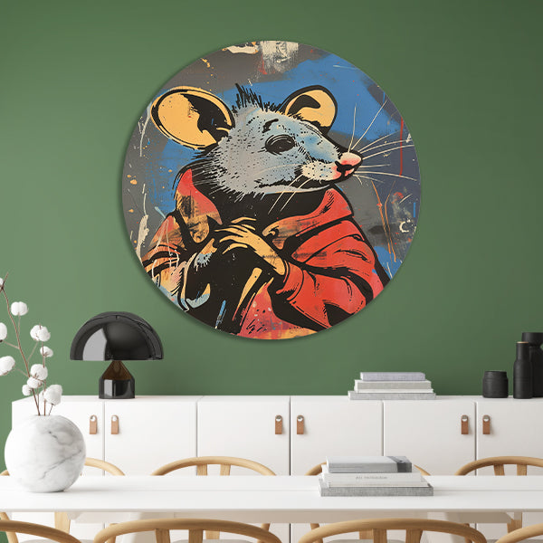 Muis met Rode Jas in Street Art Stijl aluminium muurcirkel