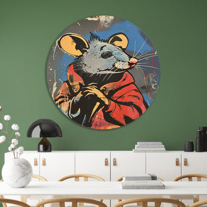 Muis met Rode Jas in Street Art Stijl aluminium muurcirkel