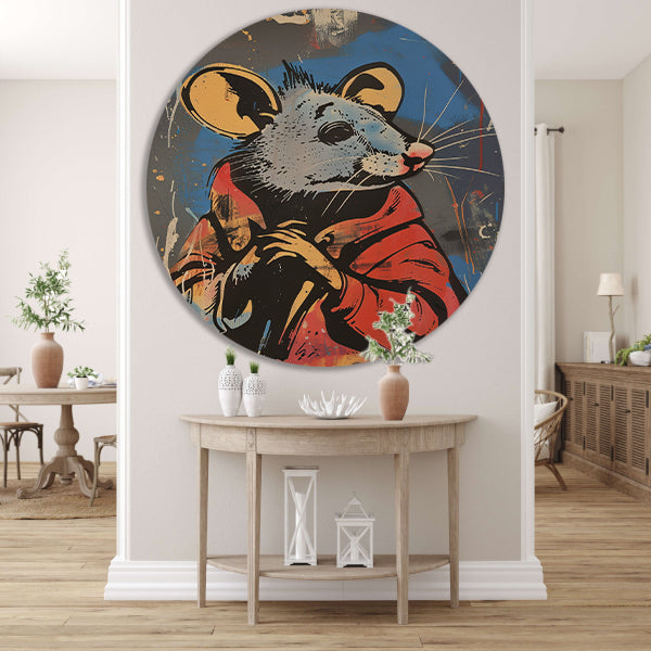 Muis met Rode Jas in Street Art Stijl aluminium muurcirkel