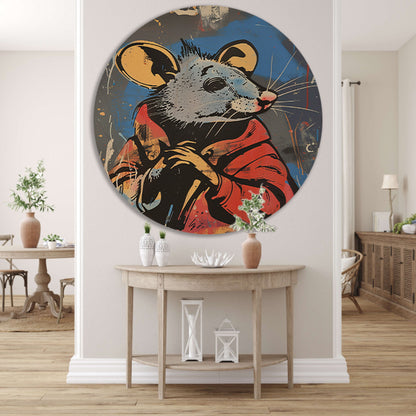 Muis met Rode Jas in Street Art Stijl aluminium muurcirkel