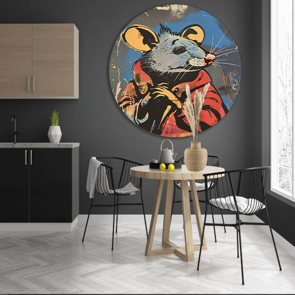 Muis met Rode Jas in Street Art Stijl aluminium muurcirkel