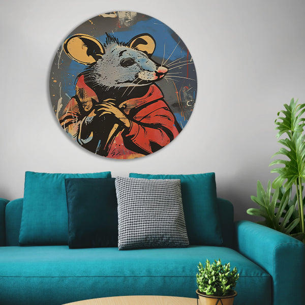 Muis met Rode Jas in Street Art Stijl aluminium muurcirkel