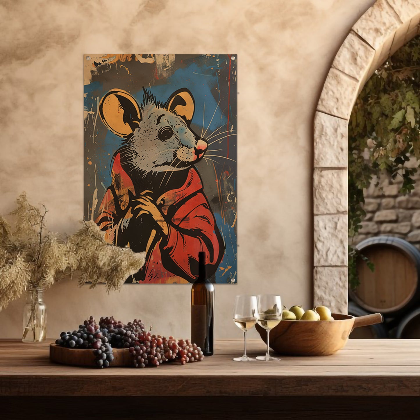 Muis met Rode Jas in Street Art Stijl tuinposter