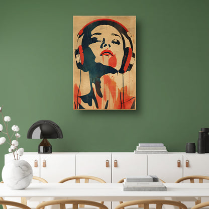 Vrouw met koptelefoon in vintage stijl canvas