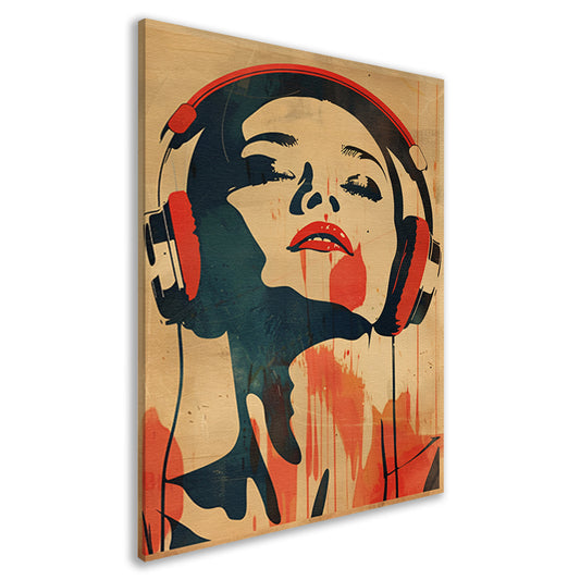 Vrouw met koptelefoon in vintage stijl canvas