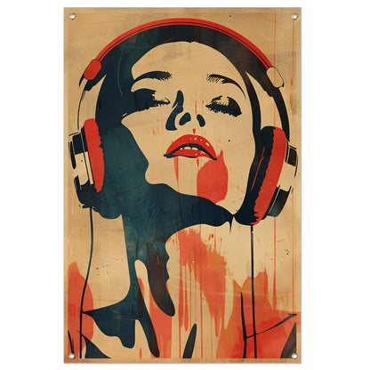 Vrouw met koptelefoon in vintage stijl tuinposter