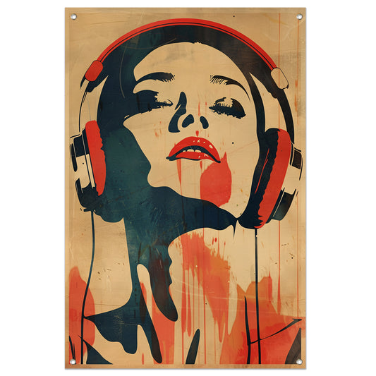 Vrouw met koptelefoon in vintage stijl tuinposter