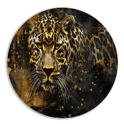 Mysterieus luipaardportret in abstracte stijl aluminium muurcirkel