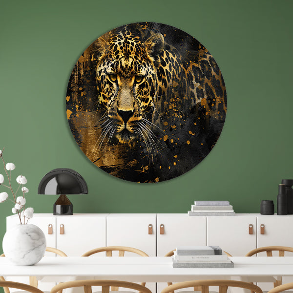 Mysterieus luipaardportret in abstracte stijl aluminium muurcirkel