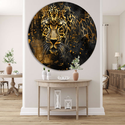 Mysterieus luipaardportret in abstracte stijl aluminium muurcirkel
