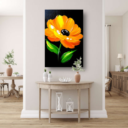 Schilderij van oranje bloem met bladeren canvas met baklijst