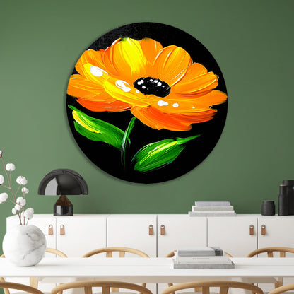 Schilderij van oranje bloem met bladeren aluminium muurcirkel