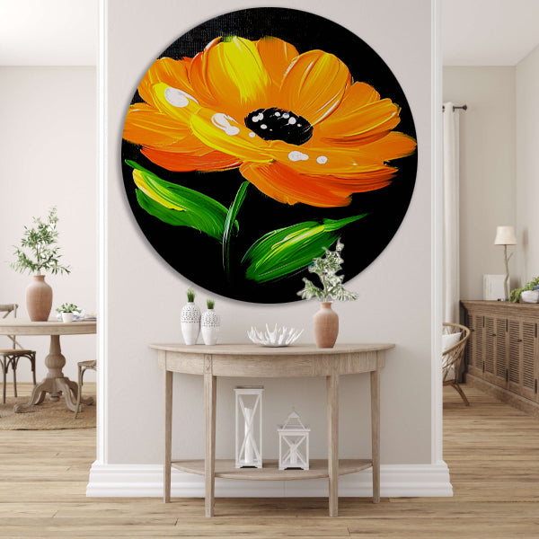 Schilderij van oranje bloem met bladeren aluminium muurcirkel