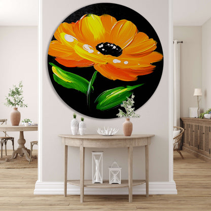 Schilderij van oranje bloem met bladeren aluminium muurcirkel