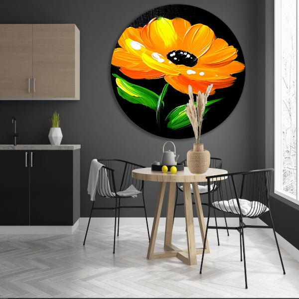 Schilderij van oranje bloem met bladeren aluminium muurcirkel
