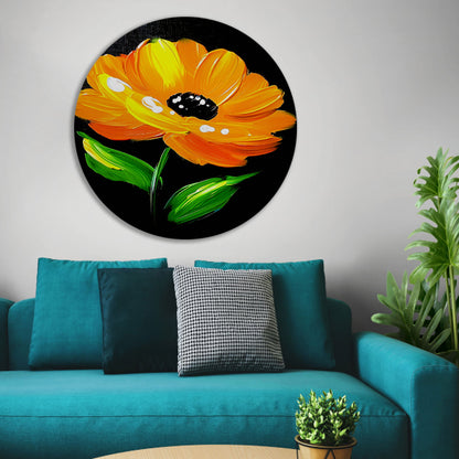 Schilderij van oranje bloem met bladeren aluminium muurcirkel