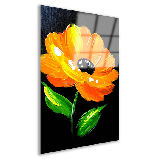 Schilderij van oranje bloem met bladeren acrylglas