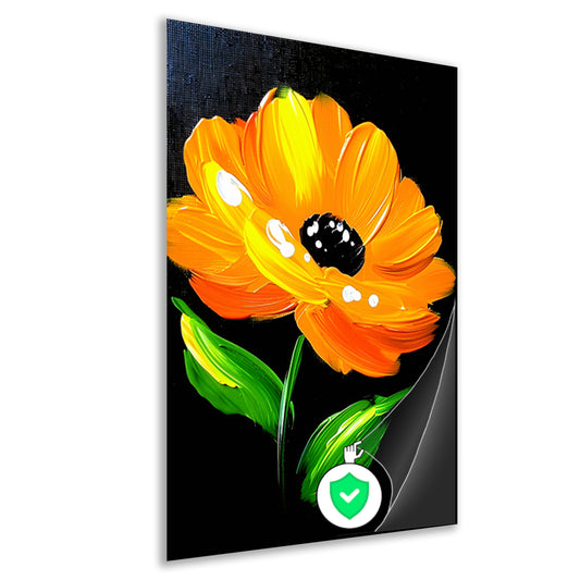 Schilderij van oranje bloem met bladeren poster