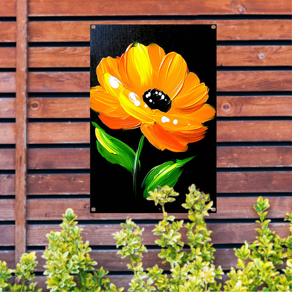 Schilderij van oranje bloem met bladeren tuinposter