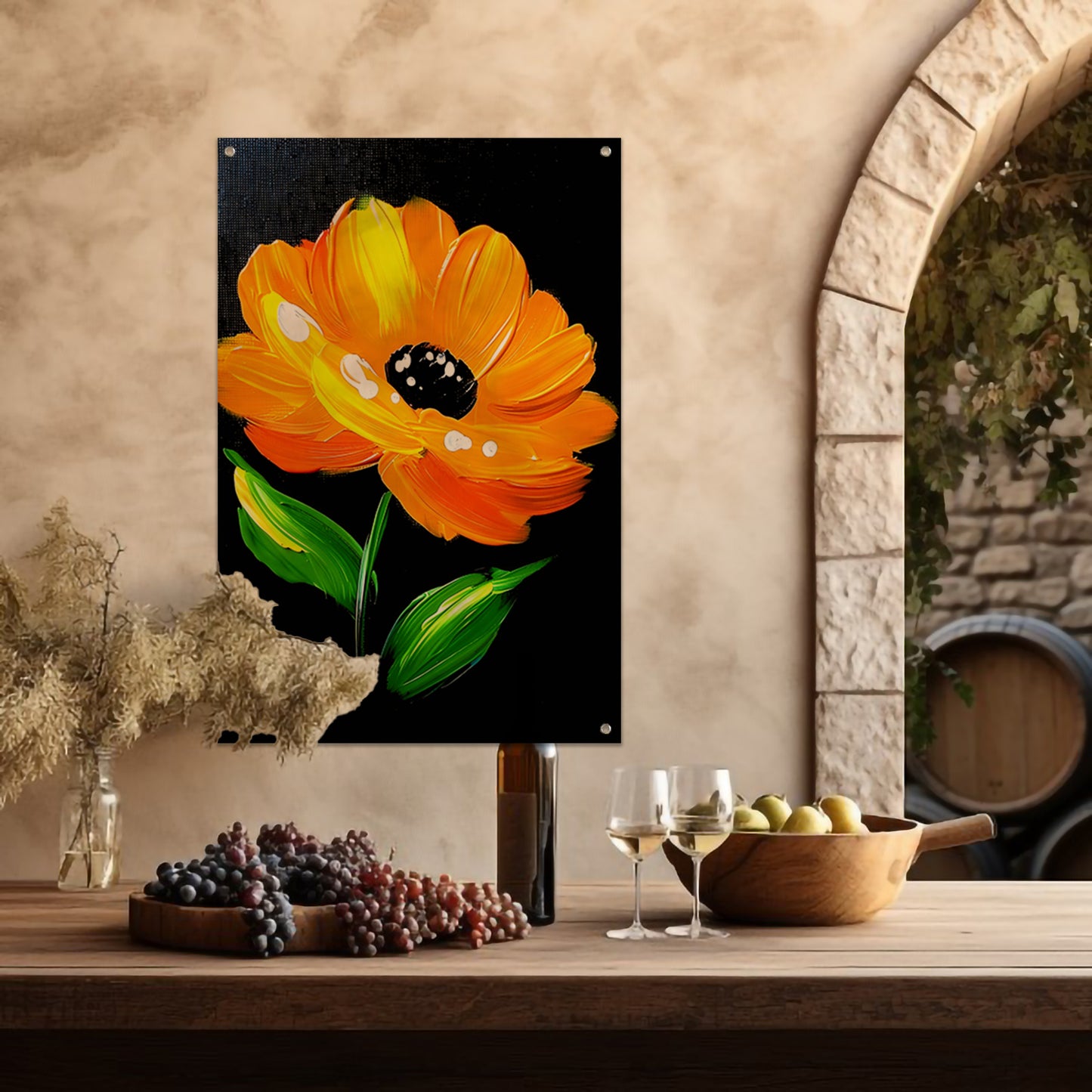 Schilderij van oranje bloem met bladeren tuinposter