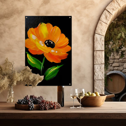 Schilderij van oranje bloem met bladeren tuinposter
