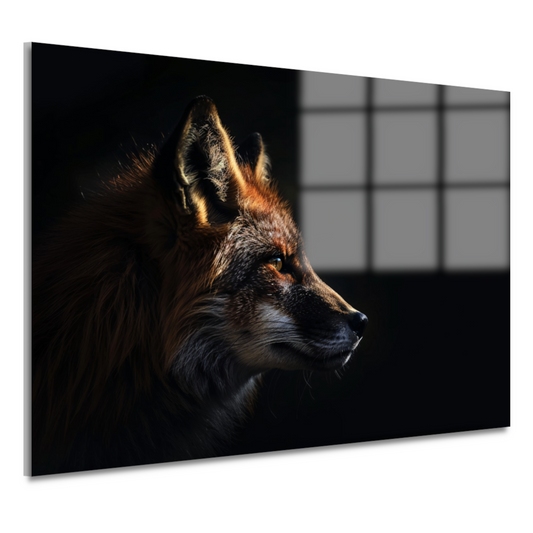 Scherp contrast van vos in avondschemer acrylglas