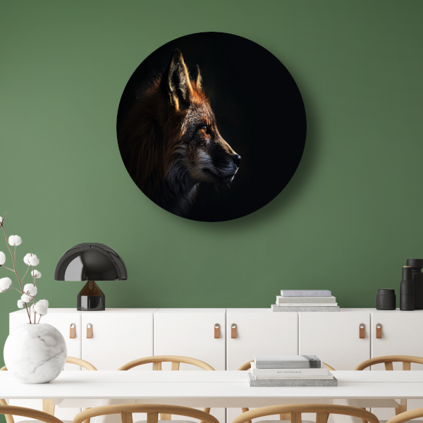 Scherp contrast van vos in avondschemer aluminium muurcirkel