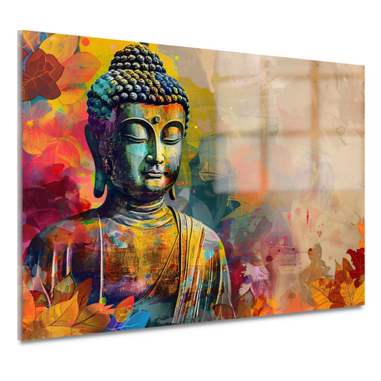 Boeddha omgeven door levendige herfsttinten acrylglas