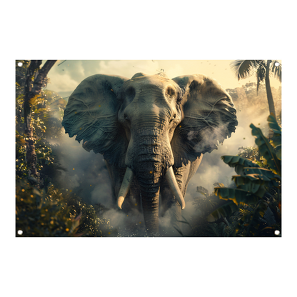 Majestueuze olifant in mistige ochtend tuinposter