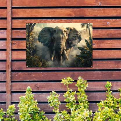 Majestueuze olifant in mistige ochtend tuinposter