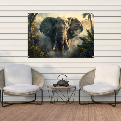 Majestueuze olifant in mistige ochtend tuinposter