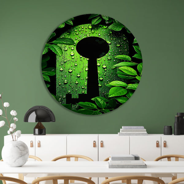 Digitale Sleutel omringt door Groene Planten aluminium muurcirkel
