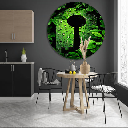 Digitale Sleutel omringt door Groene Planten aluminium muurcirkel