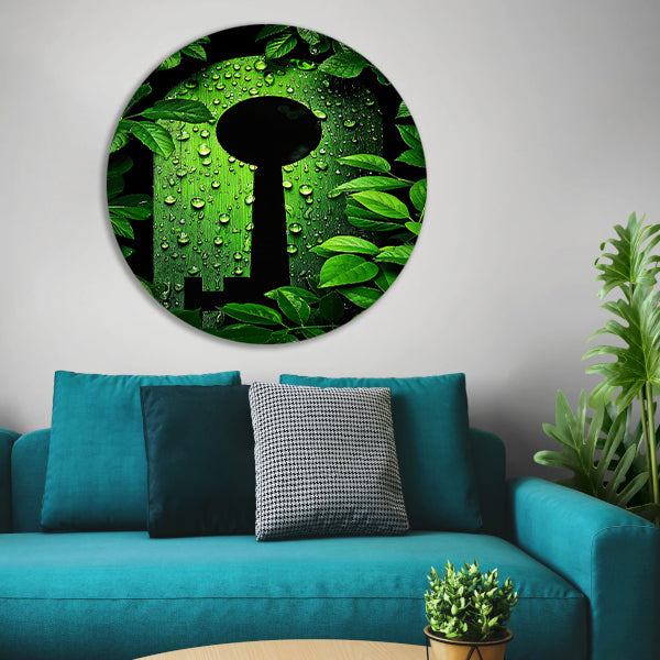 Digitale Sleutel omringt door Groene Planten aluminium muurcirkel