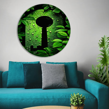 Digitale Sleutel omringt door Groene Planten aluminium muurcirkel